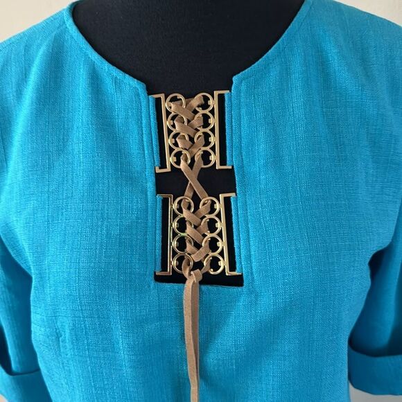 Tahari ASL bright turquoise woven gold hardware tasseled lace up bodice shift. 6 - Picture 5 of 9